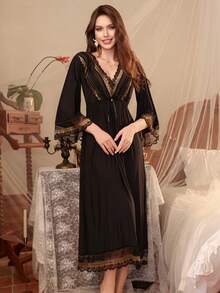 1pc Women's Sexy Silky, Heart Print Lace Patchwork Off-Shoulder Maxi Dress With Slit, Suitable For All Seasons