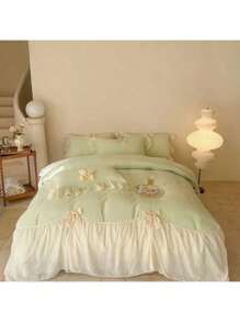 1 Peça Jogo de Capa de Edredom Azul com Laço Pregueado (1 Capa de Edredom, Sem Enchimento Interno, Sem Fronha), Jogo de Roupa de Cama de Chiffon Macio com Design de Laço, de Alta Qualidade e Confortável para Todas as Estações, Lavável em Máquina, Com Cantos Amarrados, Adequado para Quarto, Casa, Hotel