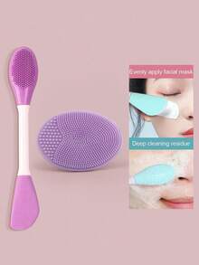 二合一套装：双头面膜刷 + 圆形洁面刷，清洁毛孔，面部按摩，去除黑头，柔软硅胶洁面刷，化妆工具