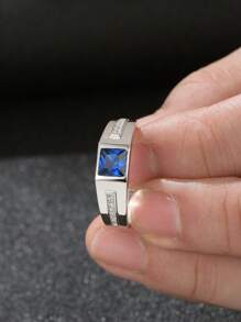 AIHUASI 1pc Luxury Certified 925 Sterling Silver Hypoallergenic Wedding Rings For Men Solitaire 6*6mm 1.25 Carat Princess Cut Dazzling Blue Synthetic Spinel Vintage Party Eternity Engagement Ring Fine Jewelry Gift
