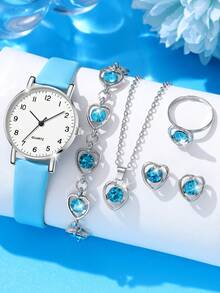 6 Stücke Damen Lässig Quarz Uhr Set, Silber Gehäuse, buntes Diamant Herz-förmiges Armband, Halskette, Ohrringe, Ring und Uhr - Blau - Übersicht 1