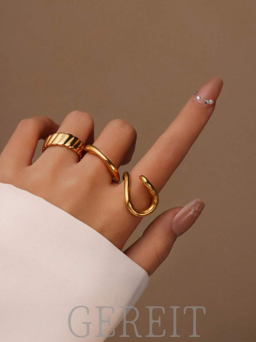 GEREIT 3pcs/Set 18K Stainless Steel Hollow Line Design Open Ring Set, Suitable For Women Daily Wear - Gold - View 1