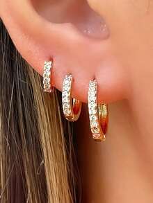 3pcs Set European And American Round Copper Rhinestone Earrings & Ear Clips, Fashionable Minimalist Elegant Earrings, Niche High-End Earrings Suitable For Women's Daily Wear - 3 Earrings - View 4