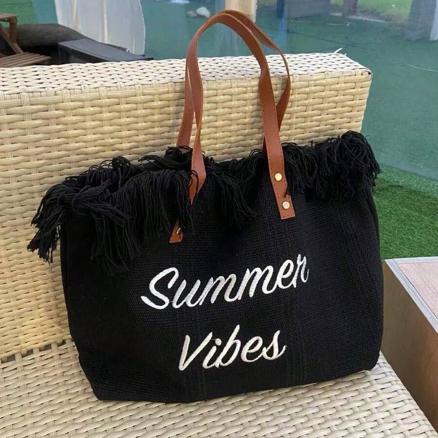 Große modische Tasche aus Segeltuch mit Buchstaben-Quaste, einfach für den Arbeitsweg und zum Einkaufen, Schultertasche