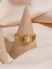 1pc Vintage Simple Style Stainless Steel Pearl Ring, Elegant Accessory For Women, Suitable For Party Wear