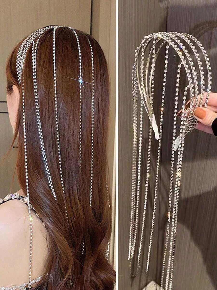 1件装时尚奢华多层水晶流苏发箍,优雅独特的设计,适合女性,可用于派对和聚会,是春夏新款配饰,发箍,发圈,头饰,美妆家居发饰 - 銀色 - 查看 1