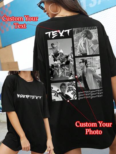 Customized Text Women Loose T-Shirt, Upload Your Photo/Group Photo/Friend's Photo, Input Your Text/Blessing/Name/Meaningful/Interesting Text, Black Casual Loose Short Sleeve T-Shirt Top, Holiday Gift, Spring/Summer Wear, Special Gift, Creative Gift, Couple Shirt, Best Friend Set, Team Building Uniform, Corporate Customization,Ornamental,Dawg,Unique,Custom,Ideal Gifts For Her,Family,Friends,Pink Girls,For Holiday,For Vacation,For Anniversaries,Women Apparel,Tendencia Local, Utilitarian Chic, Fall New Style Women, Graphic Print,Casual Wear SS