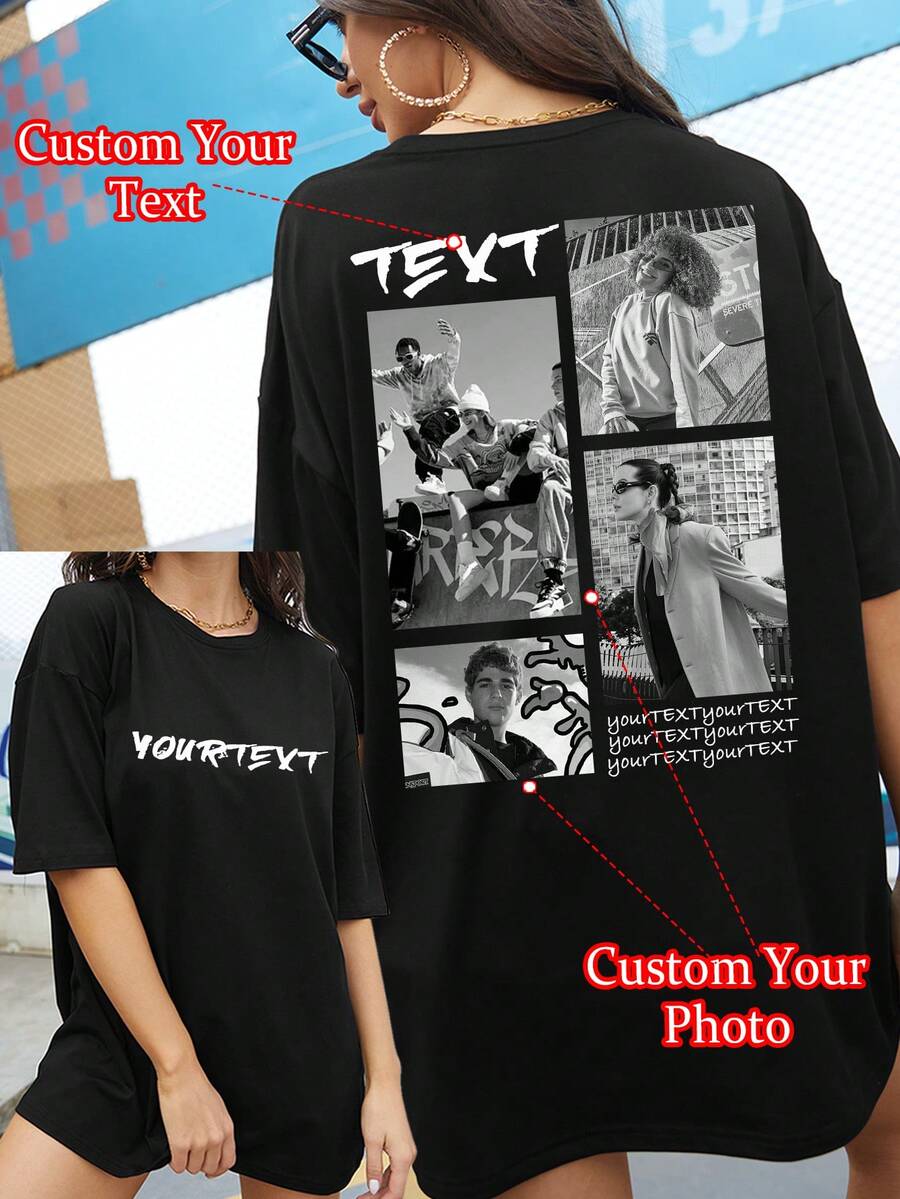 Customized Text Loose Women T-Shirt, Upload Your Photo/Group Photo/Friend's Photo, Enter Your Text/Blessing/Name/Meaningful/Interesting Text, Birthday/Valentine's Day/Party Anniversary/Christmas Personalized Photo Customization