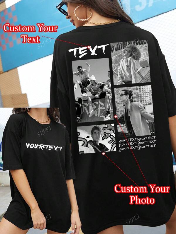 Customized Text Women Loose T-Shirt, Upload Your Photo/Group Photo/Friend's Photo, Input Your Text/Blessing/Name/Meaningful/Interesting Text, Black Casual Loose Short Sleeve T-Shirt Top, Holiday Gift, Spring/Summer Wear, Special Gift, Creative Gift, Couple Shirt, Best Friend Set, Team Building Uniform, Corporate Customization,Ornamental,Dawg,Unique,Custom,Ideal Gifts For Her,Family,Friends,Pink Girls,For Holiday,For Vacation,For Anniversaries
