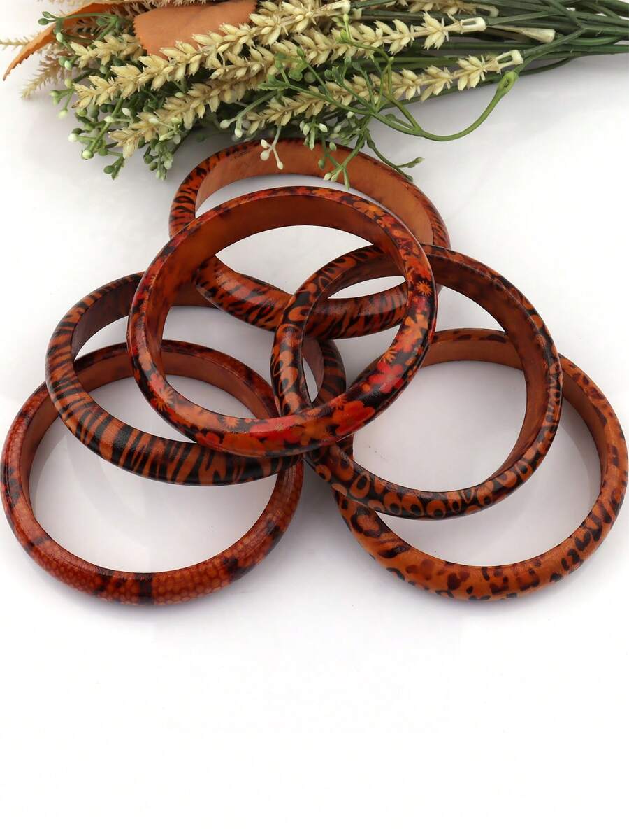 1pc African Pattern 1.5cm Width Handmade Wood Bangles Vintage Style Suit For Women(Random Color) - Colorful - View 1