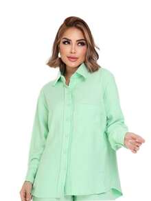Camisa Feminina Casual Manga Longa Com Botão Tecido Marrant Moderna Elegante - Verde Menta - Visão 2