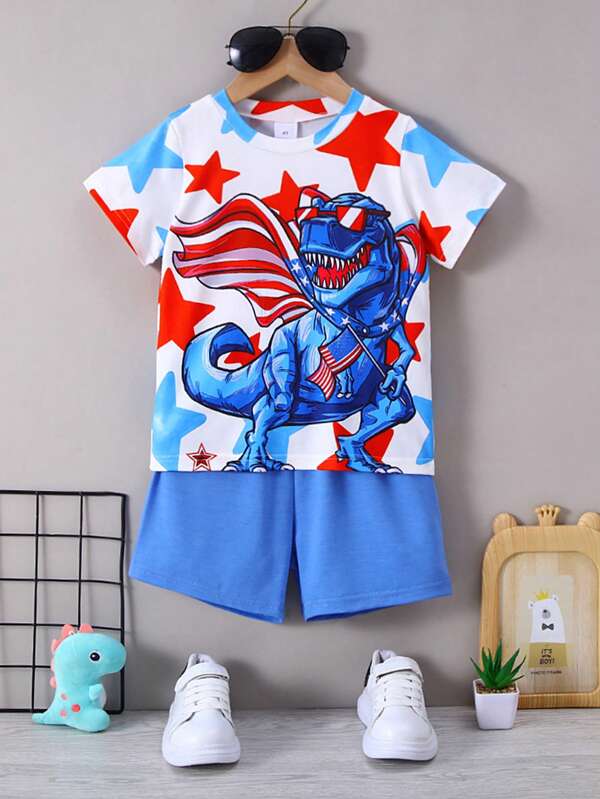 2pcs Toddler Boys Casual Independence Day Dinosaur & Star Striped Print Soft Comfortable Knit Fabric Short Sleeve T-Shirt And Shorts Set, Suitable For Outdoor Wear In Spring/Summer