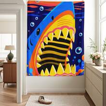 Cartoon Shark Tooth With Yellow Ocean Waves And Bubbles Design Flannel Room Decoration Wall Decor Blanket A Fun Decorative Piece To Add Warmth And Style To Your Space For Creating A Cheerful And Aquatic Atmosphere In Any Room Setting - Multicolor - View 2