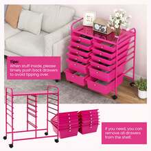 12 Drawers Rolling Cart Storage Mutlicolor Scrapbook Paper Studio Organizer Bins - Hot Pink - View 4