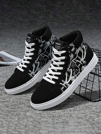 Los hombres de la moda personalizada vamp patrón de punta redonda de encaje hasta zapatos de lona de alta parte superior, tenis para hombre, pisos transpirables casuales y confortables, botas altas de los hombres, adecuados para el otoño y el invierno de excursión, viajes, desplazamientos diarios, danza de la calle, citas, caminar, ir de compras y el uso diario.