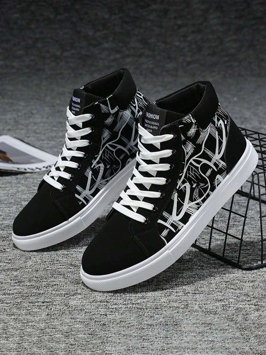 Los hombres de la moda personalizada vamp patrón de punta redonda de encaje hasta zapatos de lona de alta parte superior, tenis para hombre, pisos transpirables casuales y confortables, botas altas de los hombres, adecuados para el otoño y el invierno de excursión, viajes, desplazamientos diarios, danza de la calle, citas, caminar, ir de compras y el uso diario. - Blanco y Negro - Ver 1