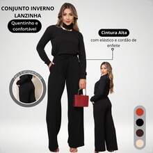 SILK ROUTE Women's Wool Set, Wide Leg Trousers And Turtleneck Blouse, Winter - 黑色 - 查看 2