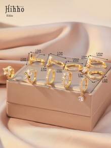 Hihho Conjunto de 10 brincos (com elegante caixa de presente branca) com design simples de coração e flor em tom dourado, adequados para uso diário e presente de Dia dos Namorados para meninas