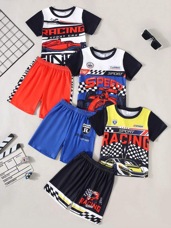 6pcs Boys & Toddlers Casual "Racing Speed" English Letter, Racing Car, Black & White Plaid Print Short Sleeve T-Shirt And Shorts Set, Soft Knit Fabric, Suitable For Outdoor Wear, Spring/Summer
