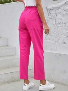 Pantalon holgado mujer botones en las bolsas con cordon recto resorte elegante - Rosa Fucsia - Ver 2