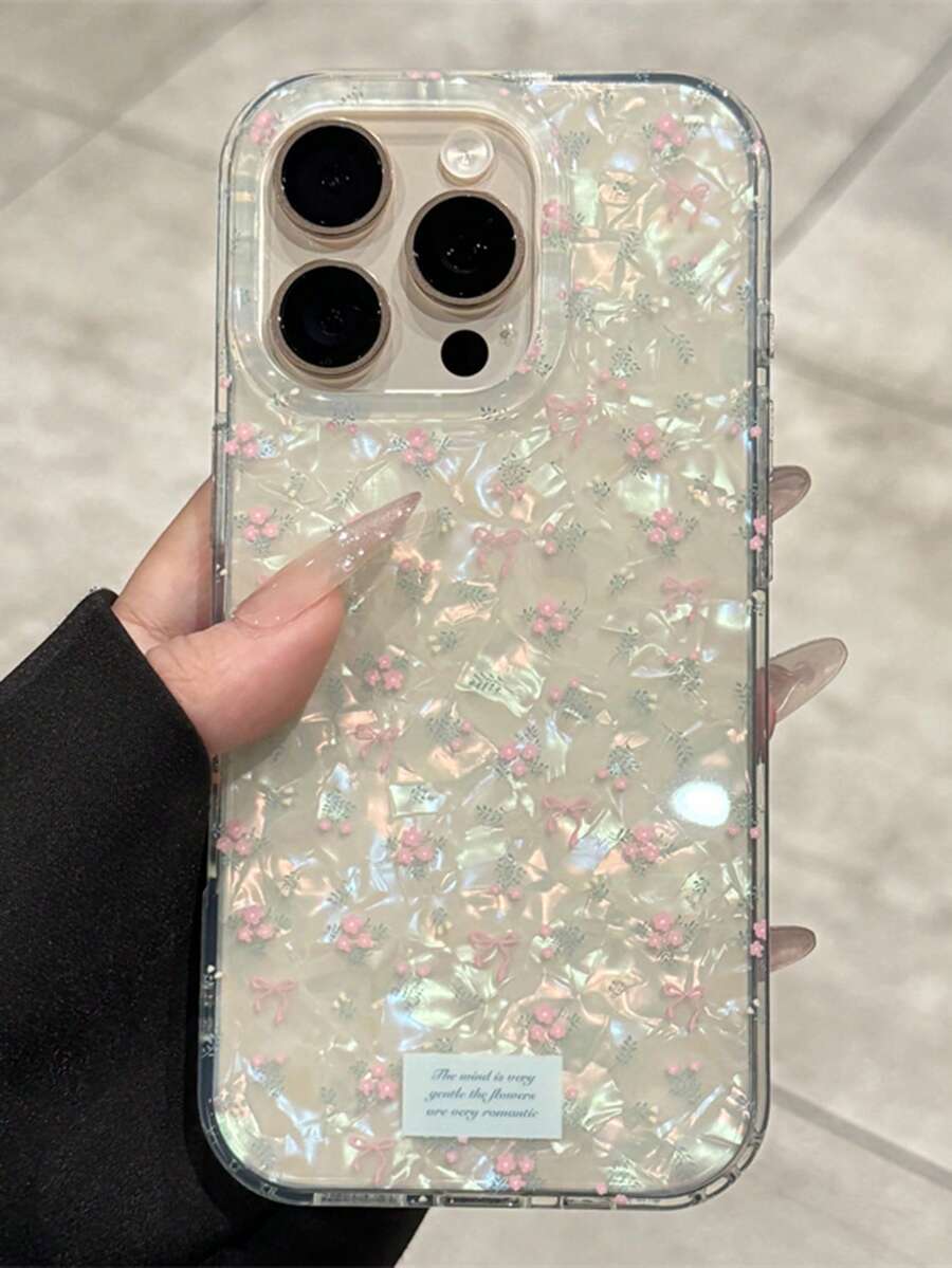 可爱春季花卉蝴蝶结贝壳图案手机壳，兼容 17 Pro Max 16 15 14 13 12 11 Pro Max，精致花朵防震软后盖 - 白色 - 查看 1