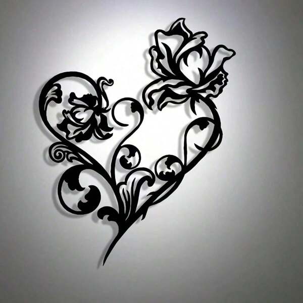 1pc Elegant Abstract Heart Metal Wall Art With Rose & Vine Design, Intricate Black Iron Decor For Home, Office, Living Room & More, Ideal Housewarming And Birthday Gift For Nature Lovers, Suitable For Modern Home Decoration, Room Decor
