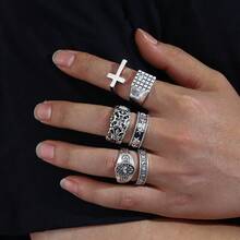 6pcs Retro Zinc Alloy 3D Cross, Star, Skull Designs Men Rings Set, Suitable For Daily Wear All Year Round - Antique Silver - View 6