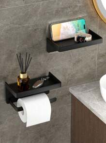 Black Toilet Paper Holder With Shelf And Phone Holder - Wall Mounted With Self-Adhesive Or Screw Mount Installation, Includes Roll Dispenser And Storage Function