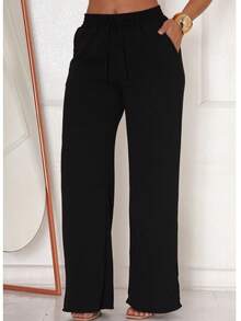 DUNA WOMEN'S PANTS WIDE LEG ELASTIC WAIST HIGH FUNCTIONAL POCKET Color Block Striped Casual Elegant Party Pocket Drawstring Knot - 黑色 - 查看 1