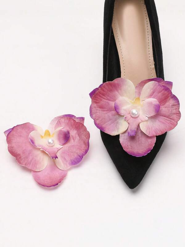 2pcs Sweet Ombre Artificial Orchid Flower Pearls Detachable Shoe Clips