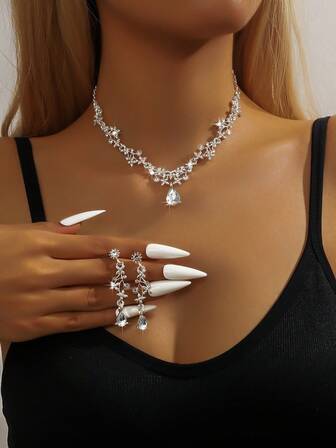 优雅项链耳环水晶新娘婚礼首饰套装新娘伴娘舞会正式服装配饰女士