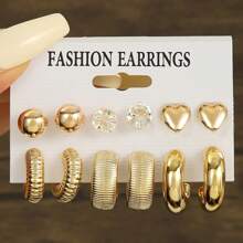 6-18pcs/Set Fashion Simple Versatile European & American Style Golden Metal Faux Pearl Heart Rhinestone Earrings Set, Suitable For Parties, Gatherings, Daily Wear, And Holiday Gifts