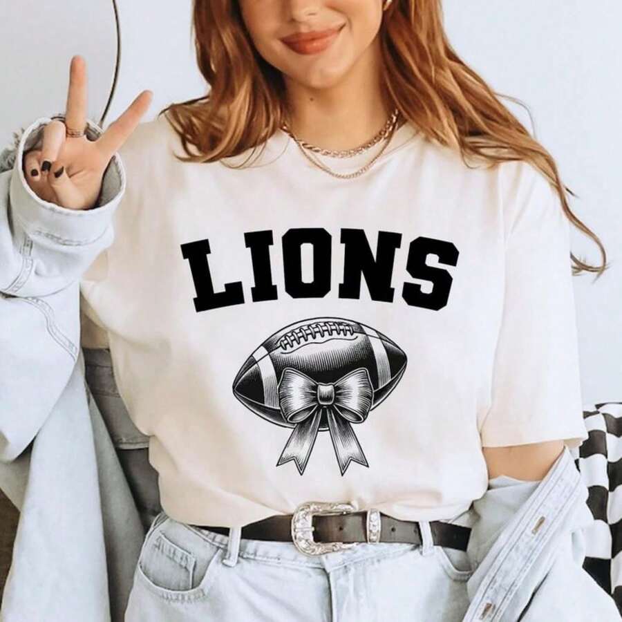 Girlfriend Football Game Day Shirt,  Lions Football Shirt, Lions Fan G?Ft, Victory Bow Shirt, Game Day Elegance Tee, Touchdown Style ALC1886 - White - View 1
