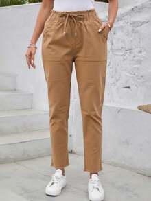 Pantalón holgado mujer botones en las bolsas con cordón recto elegante - Café - Ver 1