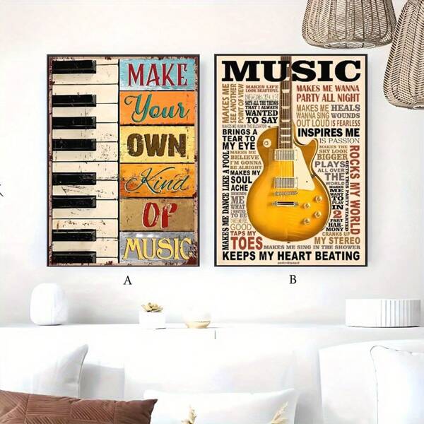 1pc/2pcs Set Canvas Painting Set, Contemporary Decor Guitar, Piano, Music Instruments, Love Music, Musician, Music Text Expression Poster, Cafe, Bar, Living Room,NO Frame