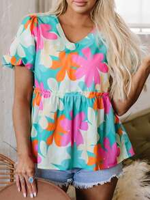 Blusa con cuello en V, mangas con volantes y estampado floral - Multicolor - Ver 8