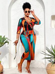 BIUBIU Gaun Midi Bodycon Berkerut Leher V Motif Gelombang untuk Wanita Ukuran Plus (Motif Acak) Warna Merah Elegan untuk Musim Panas - Merah - View 6
