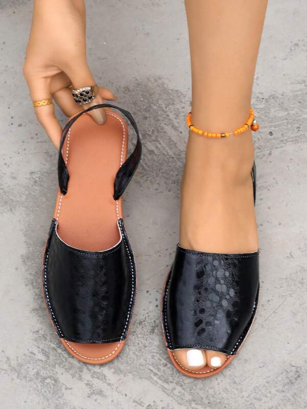 Women's Peep Toe Rubber Sole Sandals, Comfortable Casual Vacation Style, Black Leather, Flat