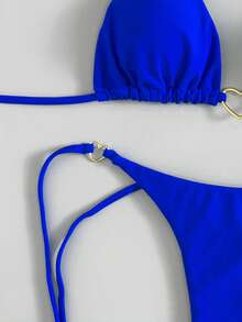 2025 New European & American Metal Decor Halter Push-Up Bikini, Brazilian Sexy Solid Color Splicing Swimsuit Set