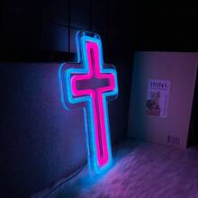 霓虹十字架耶稣标志，撒旦十字架光与信仰战胜恐惧墙饰，祈祷之手 LED 十字架符号霓虹灯标志，适用于教堂装饰、宗教复活节礼物和婚礼装饰，适用于洗礼、生日、卧室、家居装饰、花园、派对、圣诞节、多用途壁挂灯，USB 供电，节能，不发热，配有挂链，易于安装