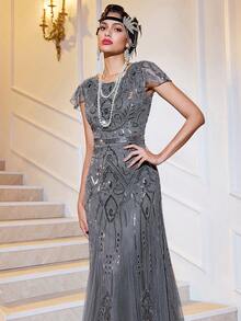 Abito lungo stile "flapper" vintage con paillettes grigio per donna, LVNES, abito da cocktail a collo rotondo con perline e decorazioni floreali per festa - Grigio - Visualizzare 6