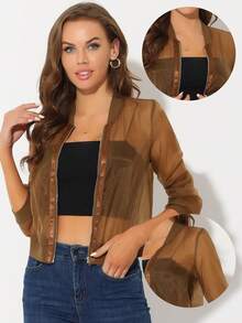Women's Mesh Sheer Jacket See Through Long Sleeve Zip Up Bomber Jacket - Brown - View 2