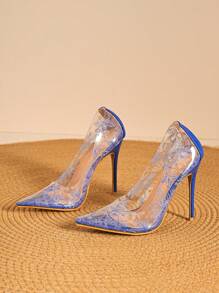 EU Size 35-42 Pointed Toe Transparent Blue Glass Stiletto High Heels Dress Shoes