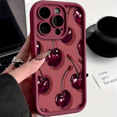 1pc Wine Red Matte Lens Straight Edge Cherry Pattern Phone Case, Personalized Hard Protective Cover Compatible With Apple 16 Pro Max, 15/14 Plus, 13/12/11, Suitable For Series Waterproof Shockproof Anti-Fall Scratch Resistant