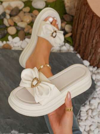 女士优雅百搭厚底系带拖鞋，波西米亚风蝴蝶结，适合海滩、派对、居家、户外、四季穿着