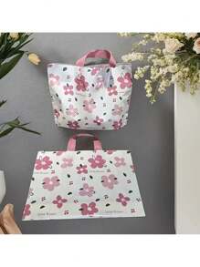 20/50pcs, Mocha Colored Floral Print Tote Bag - Thick, Waterproof, And Reusable With A Pink Handle - Perfect For Retail Displays, Clothing Stores, Jewelry And Clothing Shopping, Daily Handheld Use, Cute Floral Print Pattern, Gift Bag