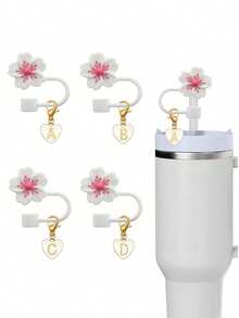 A2pcs/1set Heart & Letter Pomegranate Flower Straw Topper, Pink Cup Letter Marker, And Reusable Silicone Flower Straw Cover Caps For 10mm Diameter Straw, Cute Letter & Flower Decorations For Modern Minimalist Glass Cups, Cup Accessories, Holiday Party Gifts, Mother's Day Gift - Pink - View 12