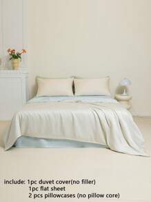 4pcs Bedding Set (1pc Duvet Cover + 1pc Flat Sheet + 2pcs Pillowcases, Without Filler), High-End Silky Satin Smooth Icy Silk Duvet Cover, White/Pastel Blue Minimalist Patchwork, Soft Breathable Wrinkle-Free, Can Be Slept On Directly, Luxury Hotel Style, Children's Dorm, Home Bedroom, Suitable For Spring And Summer
