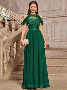 MIUSOL Elegant High Neck Sequin Floral Lace Off-Shoulder Evening Maxi Dress - Dark Green - View 6