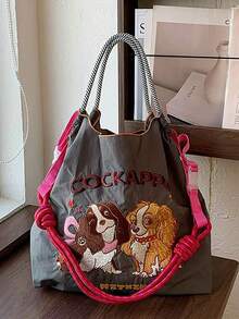 1pc New Casual Embroidered Cockapoo Dog Pattern Nylon Lightweight Large Capacity Tote Bag, Suitable For Commuting And Shopping - View 6